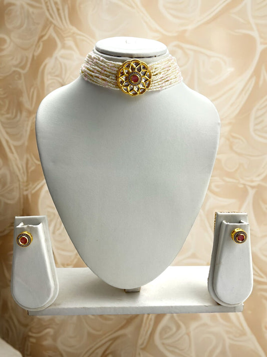 KUNDAN and WHITE MOTI - PINK CHOKER JEWELLERY SET WITH MEENA WORK