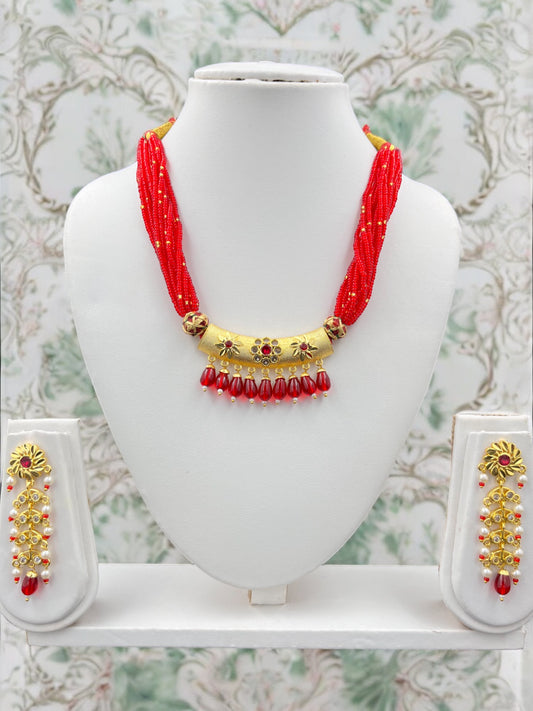 HANDSETTED RED MOTI JADAU HASLI NECKLACE SET