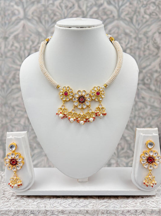 RED AND WHITE - KUNDAN - FLOWER STYLE HASLI JEWELLERY SET