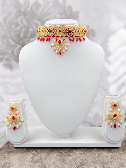 MAROON KUNDAN STUDDED - CHOKER NECKLACE SET