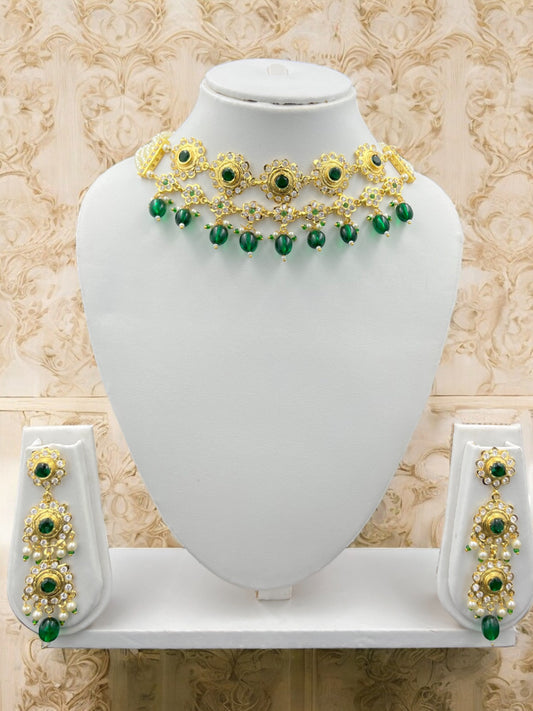 GOLDEN AND GREEN/RANI - FLOWER KUNDAN CHOKER NECKLACE SET