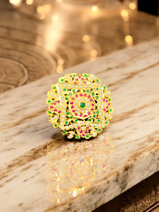 MULTICOLOURED TRADITIONAL FLOWER DESIGN JADAU RING