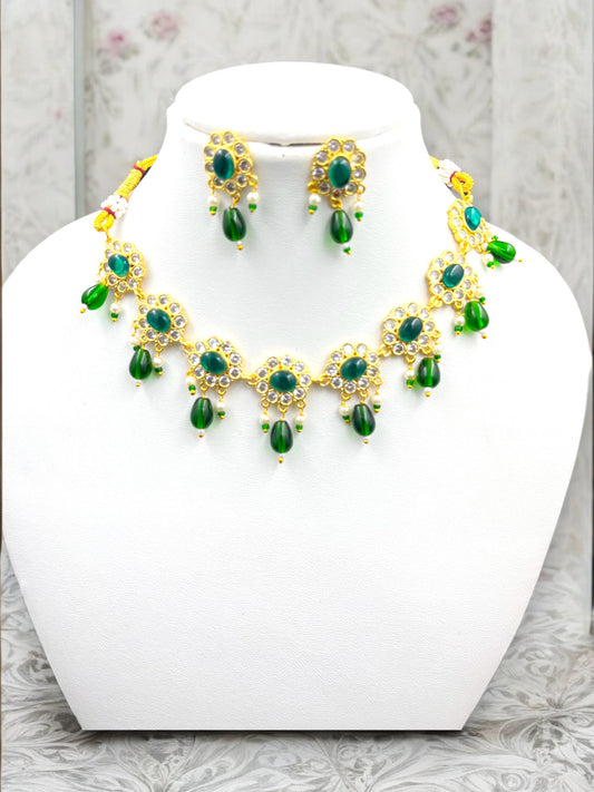 RAJPUTI GREEN PEARL FLORAL KUNDAN NECKLACE SET