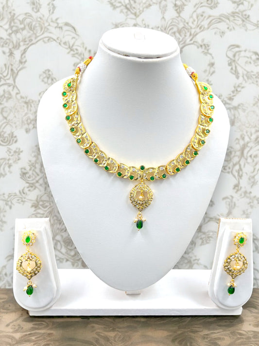 GREEN STONE & KUNDAN STUDDED JEWELLERY SET