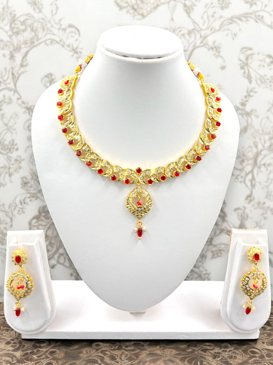 RED STONE BEADED AND KUNDAN STUDDED PENDANT STYLED NECKLACE SET