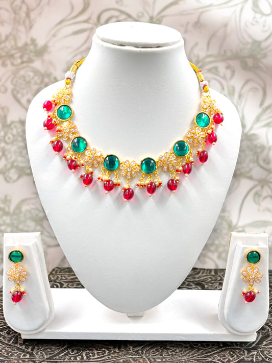 GREEN & RED KUNDAN STUDDED AND ROUND PEARL BEADED NECKLACE SET